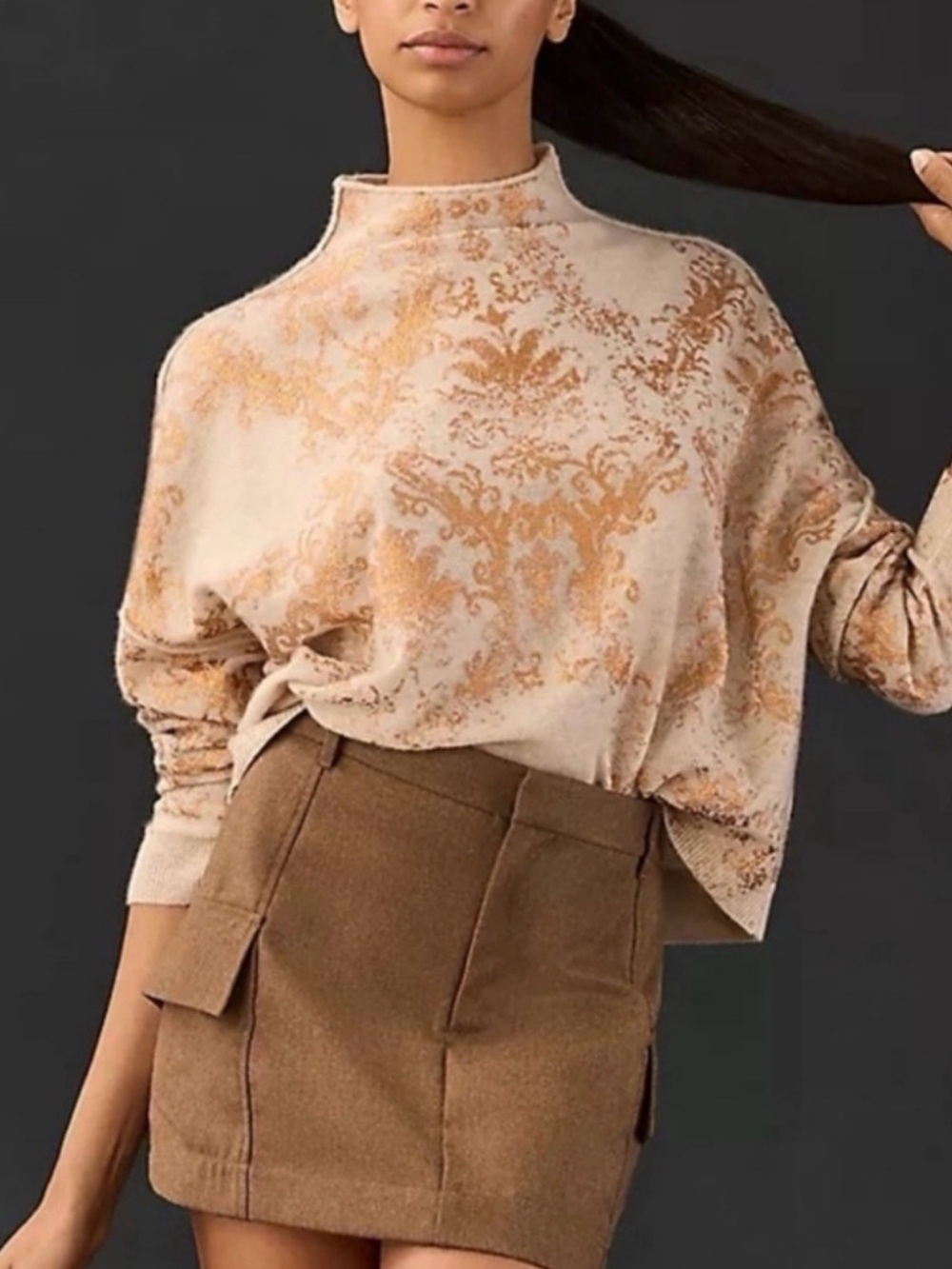 Anthropologie Cashmere and Tan Printed Mock-Neck Sweater